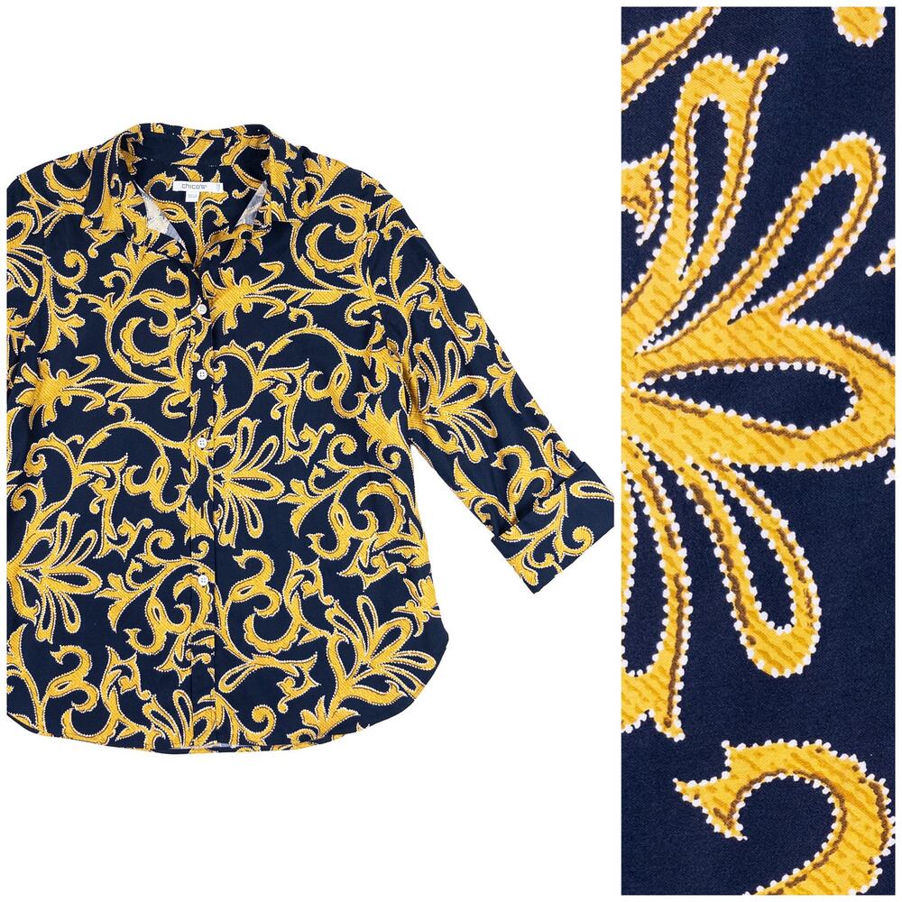 Chico’s Baroque Button Up Shirt Womens 6 / 0.5 Navy Gold Scroll Print Cotton Top